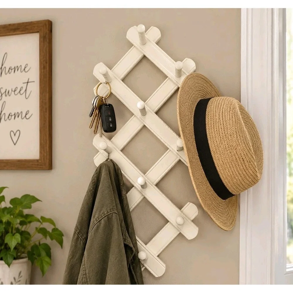 Cottagecore Farmhouse Accordion Peg Rack White Wood Expandable Wall Hanger